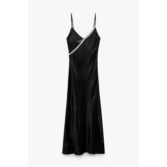 Zara Black Rhinestone Details V-Neck Satin Midi Dress Size Medium - Picture 2 of 12